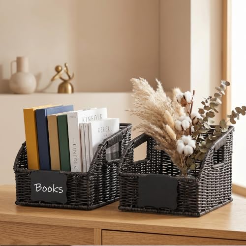 Image of Brownlily Wicker Pantry Storage Baskets with Chalkboard,Handwoven Baskets for Organizing with Built-in Handles, All-Purpose Storage Baskets for Shelves, Laundry Room, Black - Single Set (3-Piece)