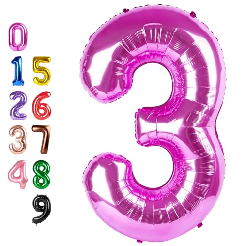 Image of Number Balloons Hot Pink 3 Balloon 40 inch for 3rd Birthday Decorations | Saturated Color, Large 40 in, With Straw & Hanging Hole, For Back-to-School Season, Wedding, Christmas, New Year, Anniversary