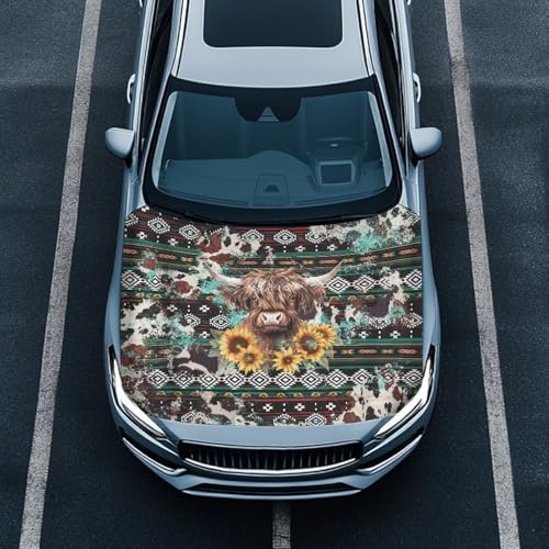 Image of Highland Cattle Pattern Car Hood Cover Sunflower Geometric Design American Hood Flag, 59.05 inchx39.37 inch, Premium Sublimation Print Car Hood Flag with Elastic Band