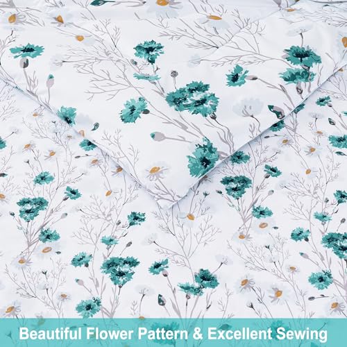 Image of lasoftan Floral King Comforter Set with Sheets, 7 piece Luxury Vintage Bedding, Soft Microfiber Bed in a Bag, Cozy Lightweight Bed Set, Teal Blue Flower Branch