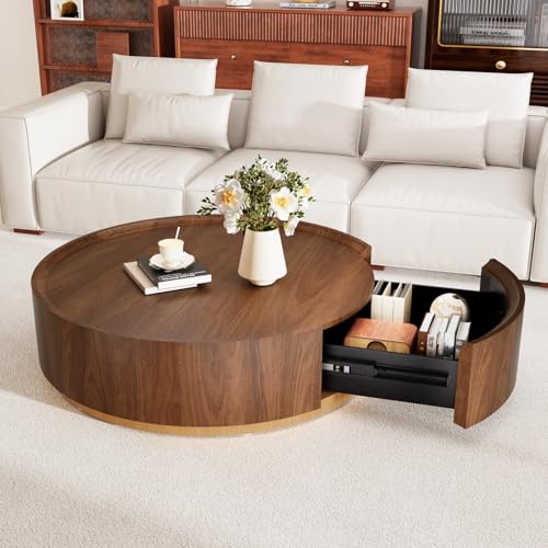 RZTPYS Table Basse Ronde avec Rangement, Moderne Artisanale, Table Basse Tambour avec Tiroir, en Bois, Design Contemporain pour Salon Et Appartement, Montage...