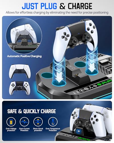 Image of Cooling Station with Controller Charger for PS5 /Slim /Pro, PlayStation 5 Vertical Stand for Disc & Digital Console, Dual PS 5 Controller Charging Station with 3 Level Cooling Fan, PS5 Accessory - Black