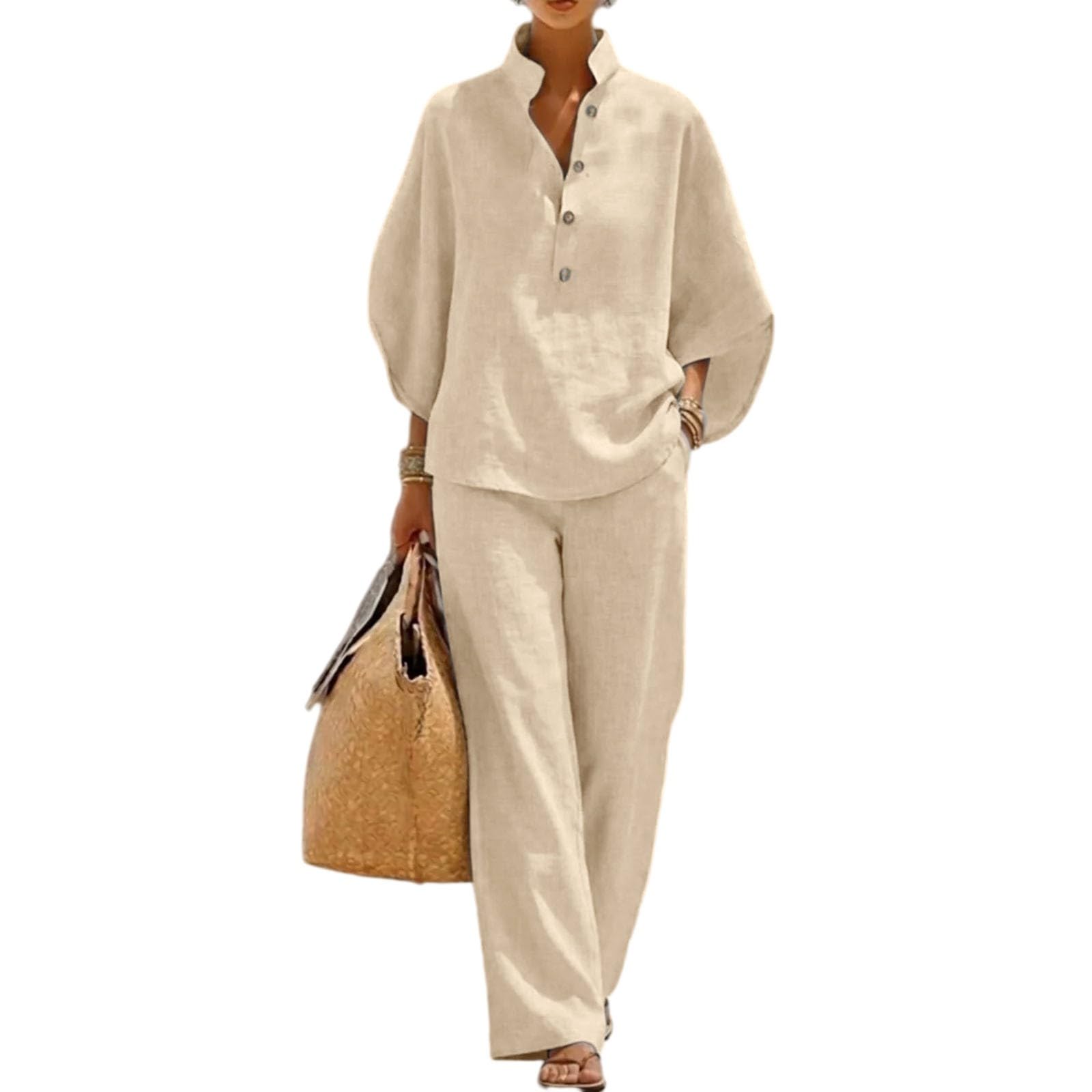 Ensemble pour femme élégant d'été Curvy coton lin costume d'été complet 2 pièces chemise + pantalon ample combinaisons d'été grande taille confortable ensemble coordonnées d'été décontracté complet