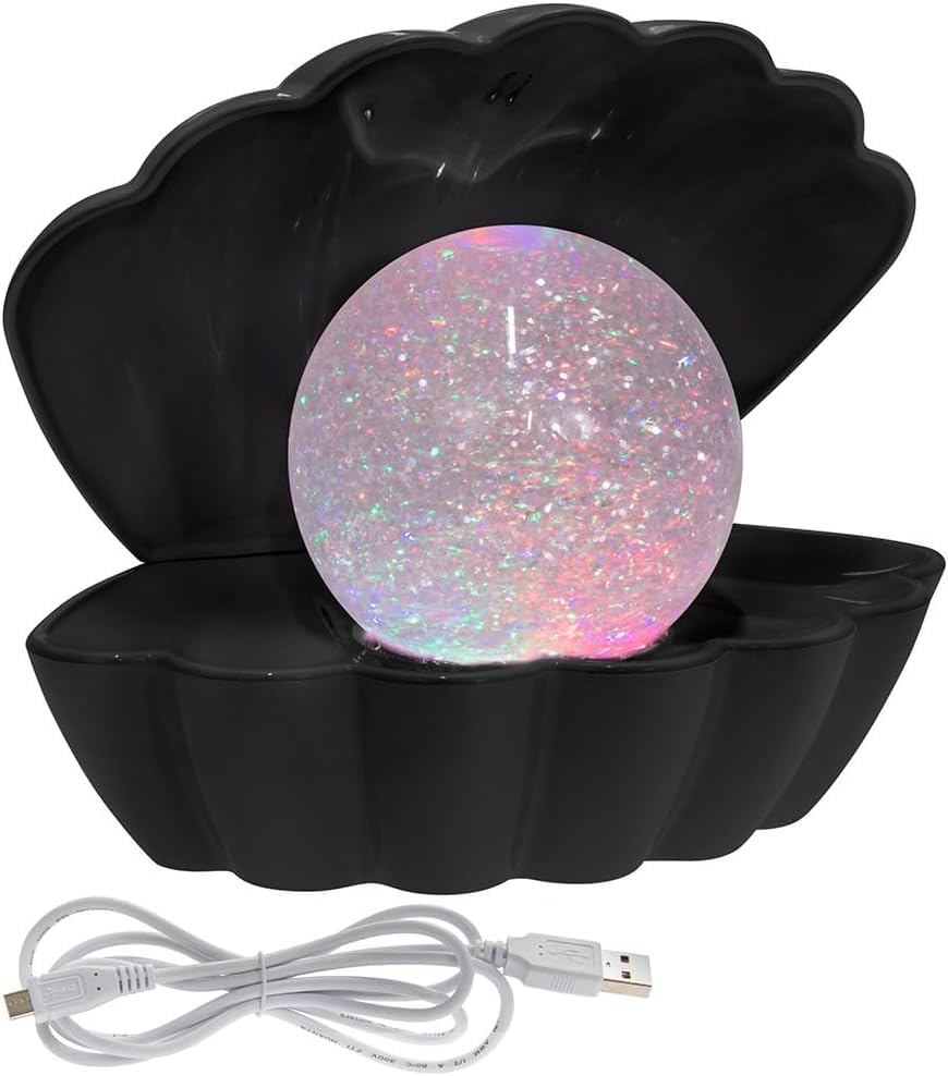 AlmineezAttractive Clam Glitter Sea Shell Pearl Colour Changing Lamp - Portable USB/Battery Operated Night Desktop Bedside Table Light Ornament Home Decor (Black)
