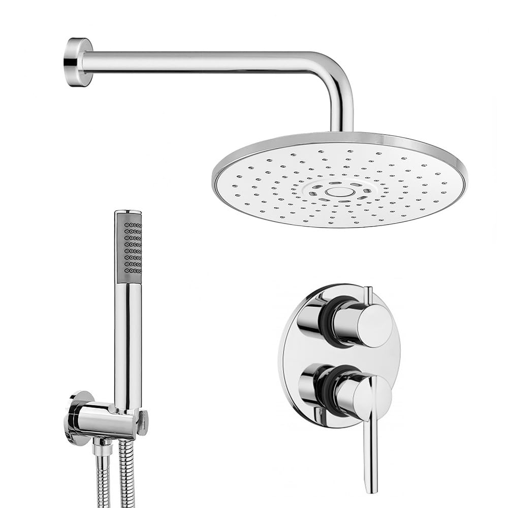 Set Doccia Incasso Completo con Braccio e soffione Tondo 22 cm in Acciaio, Kit Doccia con Presa Acqua, Supporto e Flessibile da 150 cm