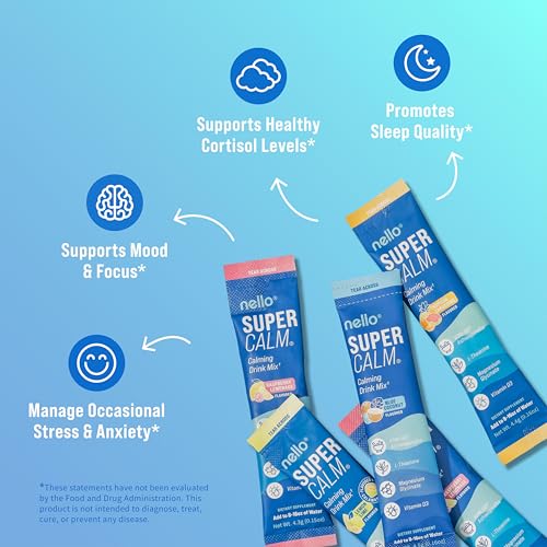 Image of Nello Supercalm Powdered Drink Mix, Cortisol Reducer* and Sleep Aid Supplement, L Theanine, Ksm-66 Ashwagandha, Magnesium Glycinate, Vitamin D 3, No Sugar, Non GMO, On The Go, 20 Ct, Variety Pack
