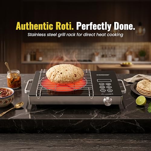 Image of Sunshine HeatWave 2000W Infrared Electric Cooktop | Works with All Cookware - Steel, Glass, Ceramic & Aluminium Cookware | 4 Cooking Modes | 60C-700C | Stainless Steel | BBQ Grill Stand