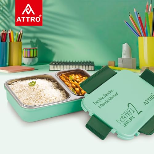 Image of ATTRO Hot-Meal 2 Insulated Lunch Box with 2 Compartment, Inner Stainless Steel & Locking Lid BPA-Free Food Grade Ideal for School, Office - 800ml Green