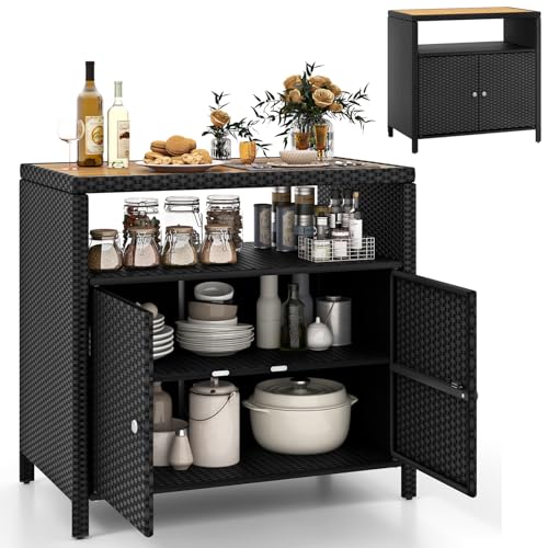 GYMAX Gartenschrank Rattan, Terrassenschrank mit Doppeltür,...