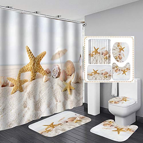 Hankyky Seastar Duschvorhang Set Muscheln Seestern Strand Bad Duschvorhang mit rutschfesten Teppichen Toilettendeckel und Badematte, Stoff Wasserdichtes Badezimmerzubehör Set mit Vorhanghaken