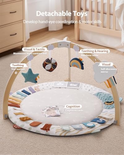 Blissful Diary Baby Play Gym & Activity Mat, 5 Developmental Zones Wooden Tummy Time Mat with 5 Detachable Sensory Toys for Motor Skills & Sensory Development, Baby Essentials Shower Gift — view 3