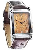 British Design Vintage retro styling with silver case Precision Japanese Miyota Quartz movement Stitched soft leather brown strap 240mm long Case size Incl. lugs Large 48mm x 30mm Curved back for comfort fit on wrist