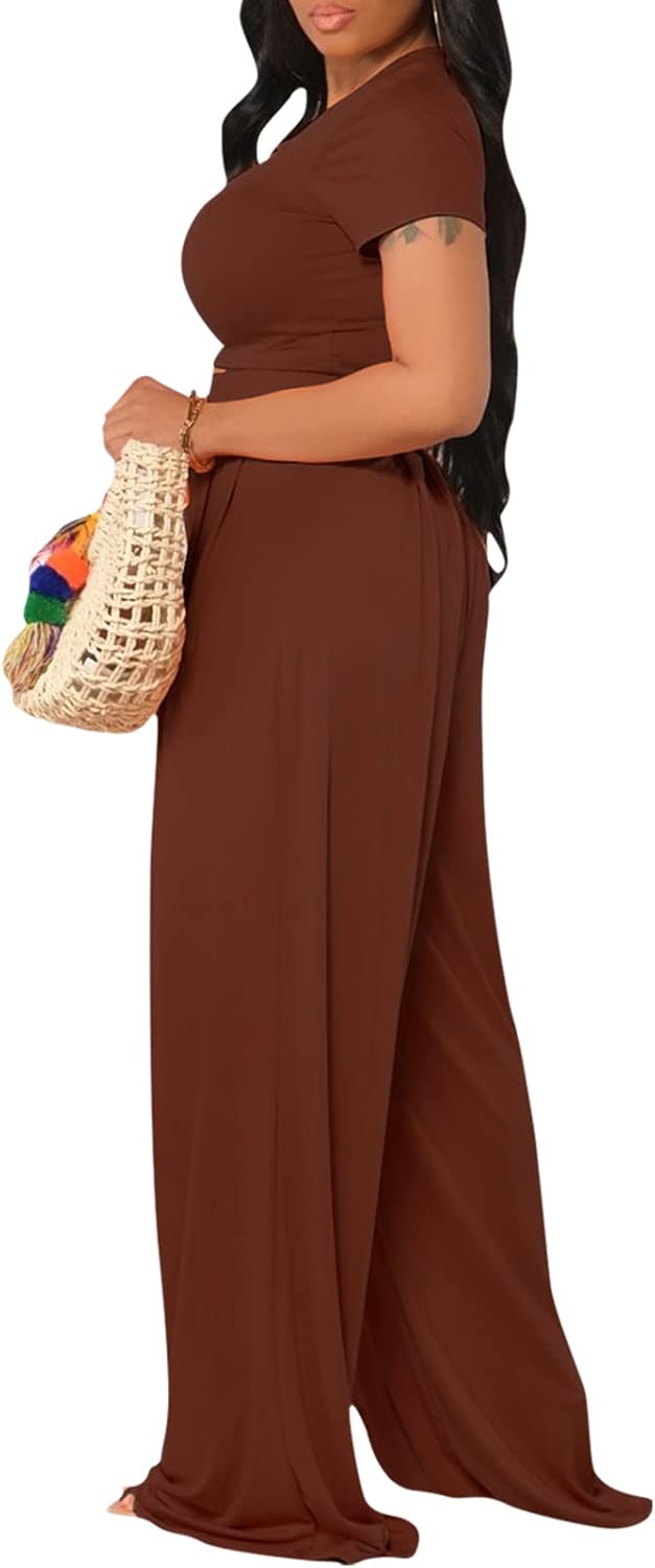 YouSexy Casual Summer 2 Piece Outfits for Women Short Sleeve Crop Top High Waist Wide Leg Pants Sets - Image 2