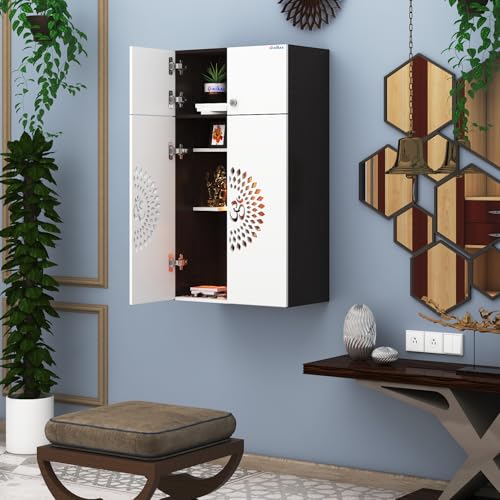 Image of Anikaa OMYA Engineered Wood Home Temple Wall Mount & Floor Standing Wooden Modern Pooja Mandir with LED Light, Om Laser Cut Design | Storage Cabinet with Hinge Doors (Wenge, DIY Installation)