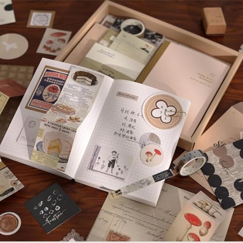 Image of VIBE VISTA Vintage Aesthetic Scrapbook Kit,346 Pcs,A6 Grid Notebook,Washi ,Envelopes,Scrapbook Papers,Folding Labels,Background Papers,Photo Frames,Calendar Stickers,Stickers (Rotat Street,Beige)
