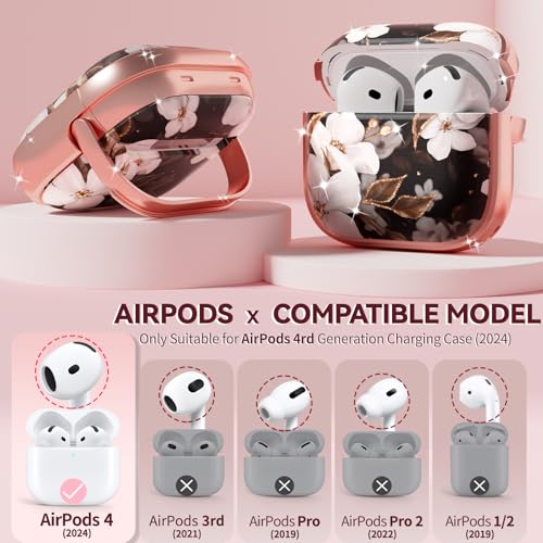 Image of Inesore for AirPods 4 Case Cover 2024 with Lock-Black Gold Flower | Two-Piece Design,with Gold Keychain & Cleaning Pen,Support Wireless Charging,Cute Luxury Case for Women Girly