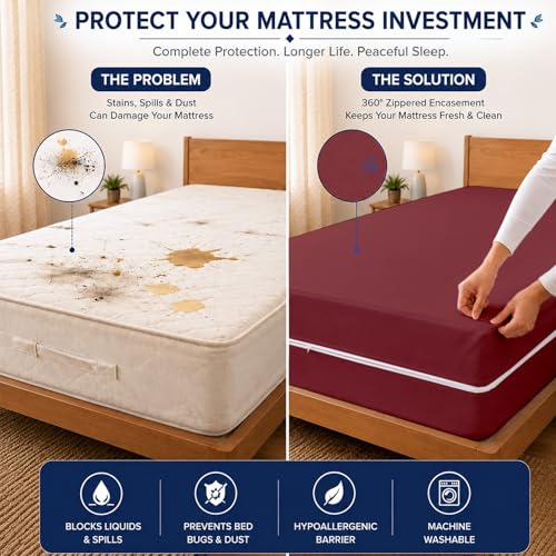 Image of ARLinen Waterproof Mattress Protector Cover Single Size with Zipper - 6 Sided Bed Bug Proof Encasement, Dustproof & Breathable Fabric, Fits 36x78x6 Inch Mattress, Maroon