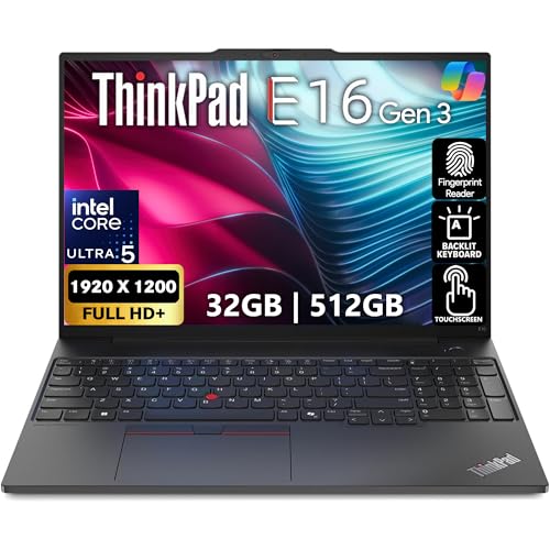 Image of Lenovo ThinkPad E16 Gen 3, 16 inch FHD+ Touchscreen, Intel Ultra 5 225U, 32GB DDR5 RAM, 512GB NVMe, Fingerprint, Backlit KB, WiFi 6E, RJ-45, FHD Webcam, Windows 11 Pro, AI Business Laptop - Black