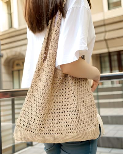 Image of Boho Crochet Beach Tote Shoulder Bag with Colored Beads | Colorful Aesthetic Hippie Knit Bag for Women