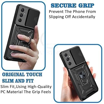 Image of SPAZY CASE Samsung Galaxy M36 5G Back Cover | Heavy Duty Hybrid Case with 360 Degree Rotating Finger Ring Holder + Slider Shutter Camera Protection Case for Samsung Galaxy M36 5G - Black