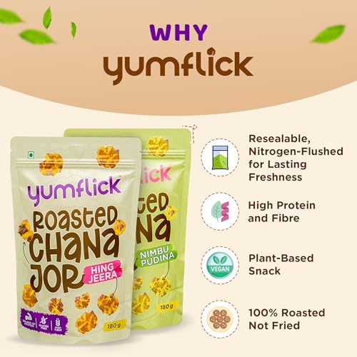 Image of Yumflick Roasted Chana Jor - Nimbu Pudina & Hing Jeera Flavour | Pack of 2 (180g x 2) | High Protein & Fibre | Roasted Not Fried | Gluten-Free | No MSG | No Palm Oil | Zero Cholesterol Snack