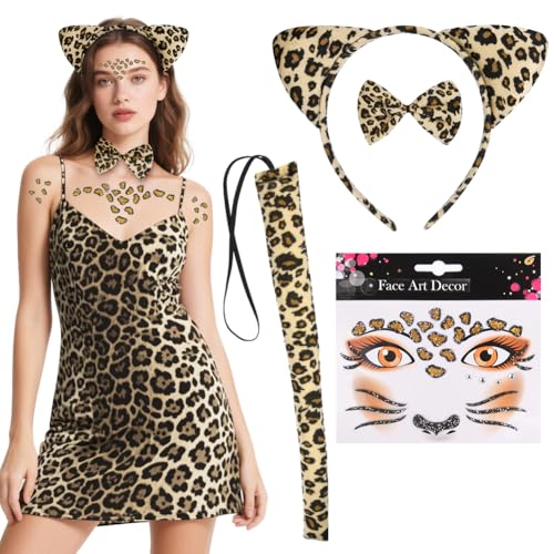 Alaoo 4 Pièces Ensemble de Costumes de Léopard,Oreilles de Léopard Bandeau Queue Noeud Papillon Tatouages Ensemble,Costume D'animal pour Adultes Kids...