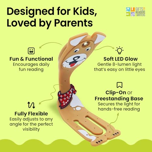 Image of Gifts for Readers & Writers Book Light for Kids, Clip On Reading Light for Bed, 2in1 Flexilight Pals & Bookmark, Small & Lightweight with a Soft Glow, 2 Batteries Included, Dog