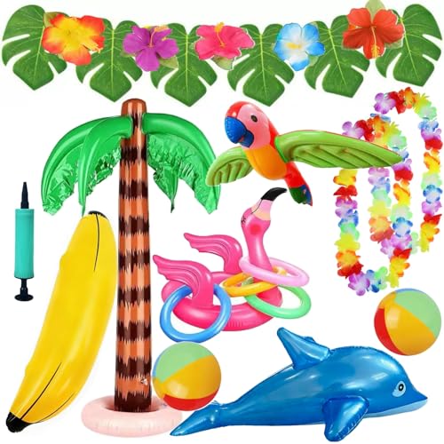 Meiruier 25PCS Inflatable Palm Tree & Flamingo Party Decorations Set - Hawaiian Luau Beach inflatable pool toys Dolphin Banana Beach Balls Ring Toss Game - Hawaiian party decorations