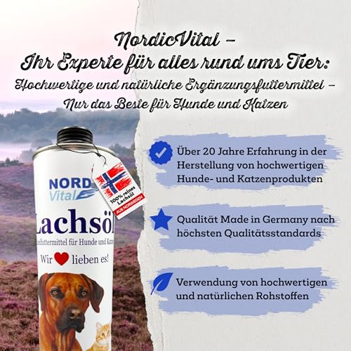 NordicVital Premium Lachsöl Hunde & Katzen 1000ml Weißblechdose – 100% Natürliches Fischöl/Fish Oil aus Norwegen Lachs – Reich an Omega 3&6 Fettsäuren – Barf Öl abgefüllt in Deutschland