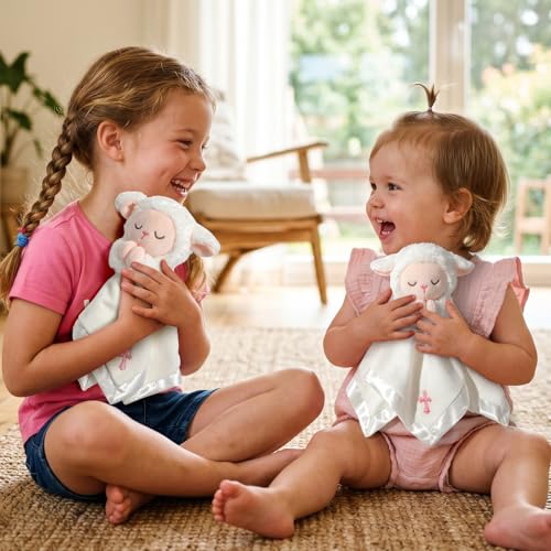 Image of Lamb Baptism Blanket, Lamb Loveys for Baby Girls, Security Blanket with Embroidered Pink Cross, Soft Baby Blanket for Newborns Toddlers, Baptism Gifts for Christening Baby Showers, 12in
