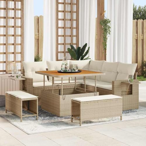Yunovire Juego de 9 sofás de jardín de polirratán, modular, duradero, para patio y jardín, muebles de exterior, color beige y crema