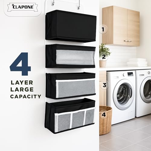Image of CLAPONE Over the Door Organizer /Large Pockets - Anti-Tilt Hanging Storage for Bedroom /Closet Door Storage /Bathroom /Pantry /Nursery /Bedroom (Black, 4 Shelf Hanging Door)
