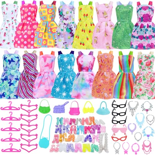 BJDBUS 42 pcs Doll Clothes and Accessories Including 10 pcs Fashion Mini Dresses 32 pcs Shoes, Glasses, Necklaces, Handbag, Hangers Accessories for 11.5 Inch Girl Doll