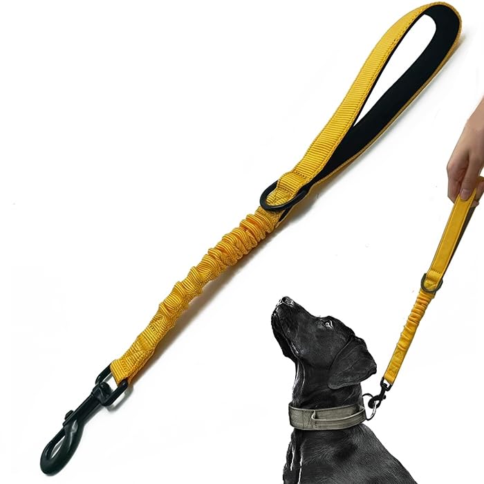 Short Dog Training Control Leash 18 Inch 1 Inch Wide Heavy Duty Elastic Traffic Bungee Leash with Padded Handle Suitable for Medium and Large Dogs(Yellow)