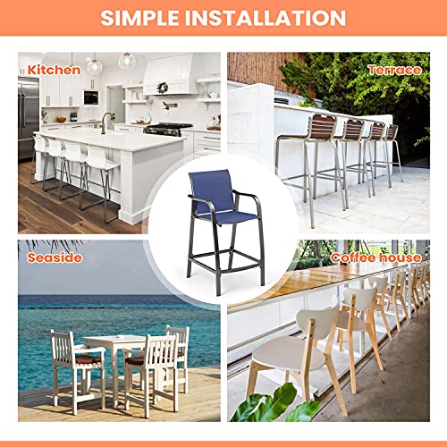 Pellebant Aluminum Outdoor Bar Stool Set Of 2, Patio Counter Height Stools & Bar Chairs All-Weather For Backyard, Pool, Garden, Deck,Brown Frame, 27.5'' Seat Height,270 Lb Capacity-Navy Blue #TOP6