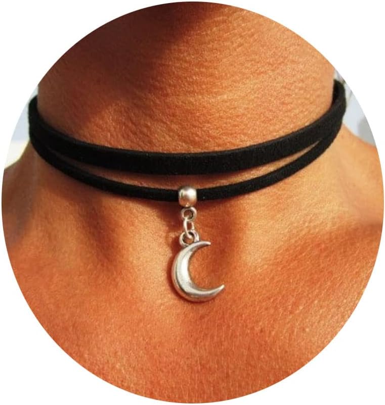 Black Velvet Moon Choker Necklace for Women Gothic Layered Necklaces Pendant Handmade Boho Crescent