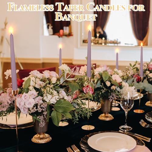 Image of Macarrie 24 Packs Flameless Taper Candles Battery Operated Fake 11 Inch Long Candlelight LED Flameless Candlesticks Flickering Tapered for Summer Fall Wedding(Light Purple)
