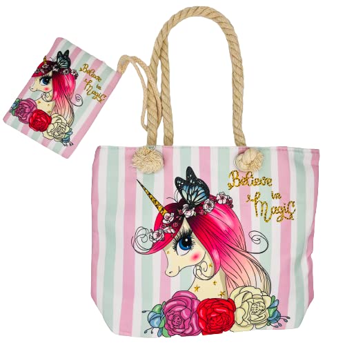 Genérico Bolso Unicornio PEQUEÑO Mariposas Playa Piscina Niña Infantil con Regalo bolsita Cremallera 29x23cm.