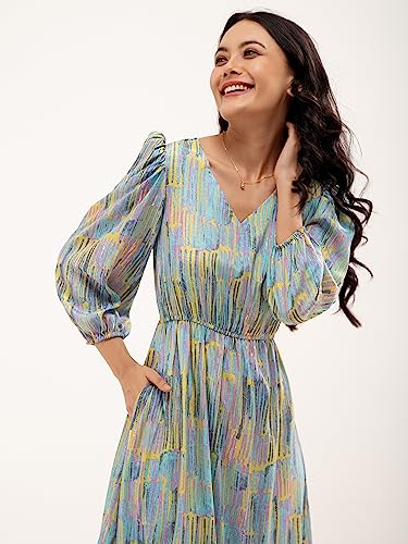 Image of AASK Abstract Printed Puff Sleeve Gathered Detailed Fit Flare Dress