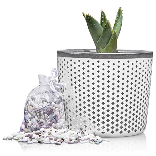 6 Inch Ceramic Plant Pot - Small White Planter with Silver Diamonds