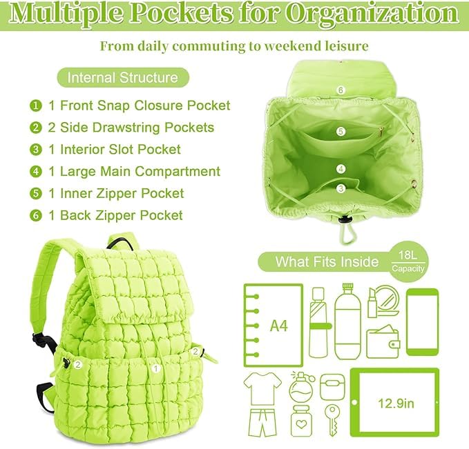 Image of MOCA Quilted Puffer Backpack for Women, Nylon Puffy Casual Girls Womens Backpack, Lightweight Hiking Gym Daypack Preppy Travel Bag with Adjustable Top Flap Drawstring
