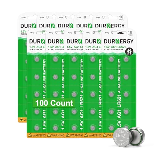DURNERGY SR621SW Watch Battery 100 Pcs, AG1 Battery Watch Batteries 364 363, Alkaline Coin Button Cell Battery, LR621 Green Battery