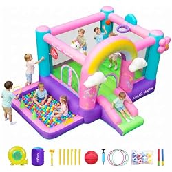 Unicorn Bounce House with Slide, Inflatable Pink Bouncy House with Air Blower,Fun Bouncy Castle for Girls Aged 3-10,Ideal for Birthday Parties and Backyard Fun,Wet & Dry Use with Water Pool& Ball Pit
