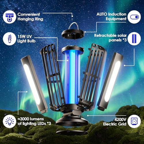 Image of TYPEC 2 Pack Solar Bug Zapper, 3 Solar Charging Panels, 4200V Mosquito Zapper, Auto On /Off LED Light, IP67 Waterproof, USB-C & Solar Powered, Indoor Outdoor Insect Killer for Yard Patio Garden