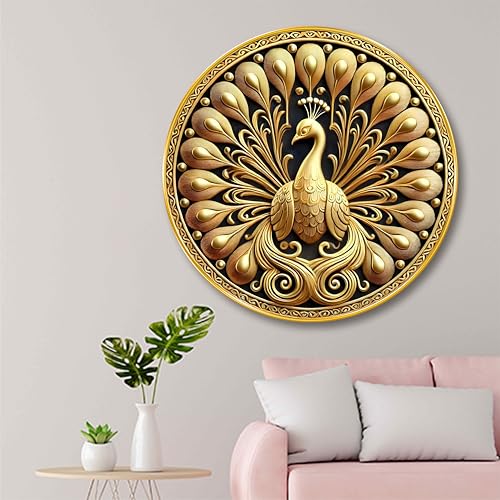 Image of SAF Golden Peacock Round Wall Art | 3D Embossed MDF Panel with Metallic Finish | Luxurious Home & Office Wall Decor | Elegant Artistic Frame for Living Room, Bedroom (20 x 20 Inch) GRL-304