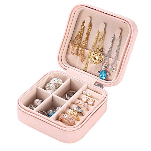 Travel Jewelry Organizer Storage Box - Small Display Case for Earrings Necklace Rings Bracelet Holder Women Wife Teen Girl Girlfriend Christmas Valentine Gift Portable Travel Mini Organizer, Pink