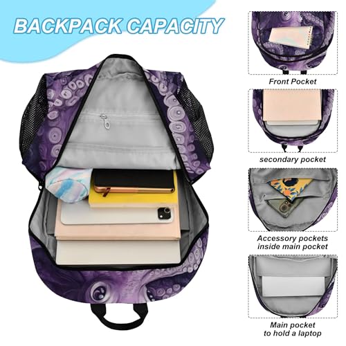 Purple Octopus Backpack with Lunch Bag for Boys Girls, Travel School Backpack Set4