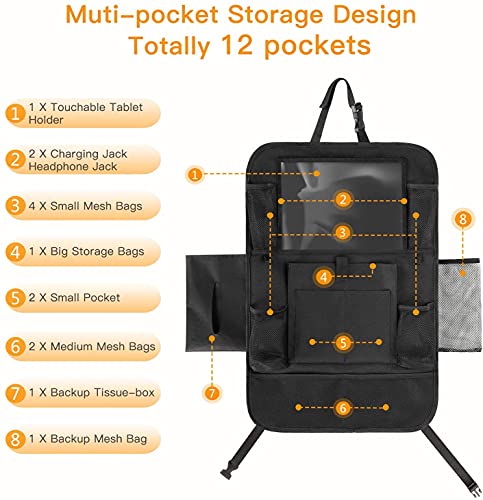 Car Seat Organizer, Backseat Car Organizer with Touchable Tablet Holder, 12 Storage Pockets, 1 Hook, Earphone Hole Design, 2 Backup Bags, Kick Mats Car Organizer Back Seat (1 Pack) - Thumbnail 3