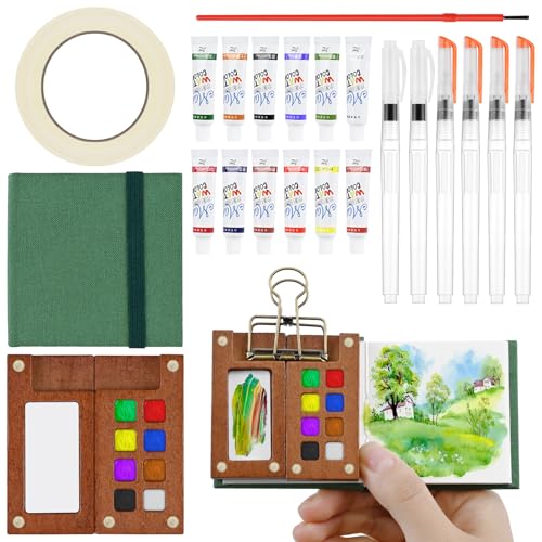 Juego de mini paleta de acuarela portátil, juego completo de acuarela de viaje con 12 pinturas de acuarela, caja de pintura de rejilla de madera, mini libro de bocetos, cinta adhesiva, 6 bolígrafos de