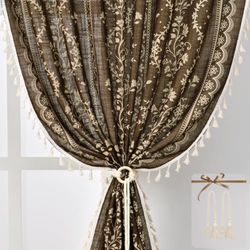 Image of Yinhua Boho Curtains for Living Room 84 Inch Length Vintage Linen Curtains for Bedroom Light Filtering Window Curtain Rod Pocket & Back Tabs Rustic Tassel Drapes with Tiebacks, Brown